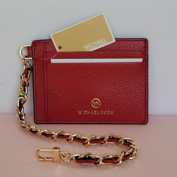 MICHAEL KORS Jet Set Small ID Pebbled Leather Chain Card Holder Case-Crimson⭐ - Picture 1 of 16
